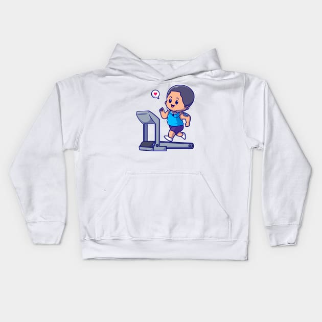 Cute Boy Running On Treadmill Cartoon Kids Hoodie by Catalyst Labs